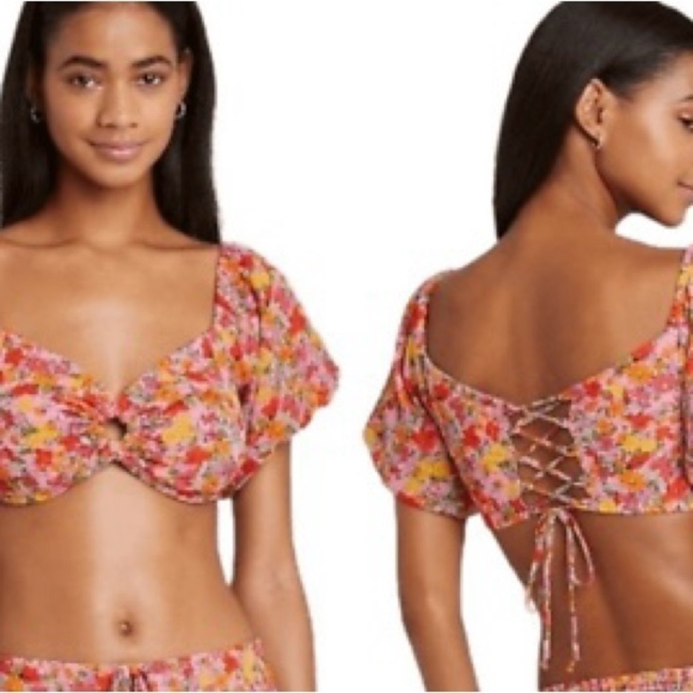 Wild Fable Pink Floral Puff Sleeve Lace Up Crop Top size large